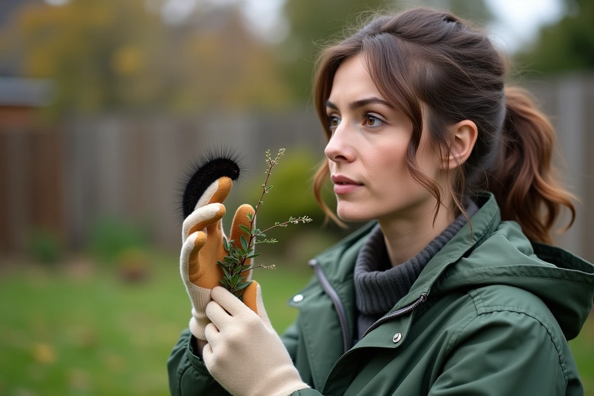 Femme tenant une branche avec une chenille noire dans un jardin