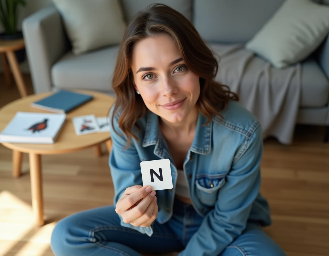 Femme tenant une carte de jeu de mots avec un rossignol illustré, assise sur le sol d'un salon moderne entouré de jeux de société