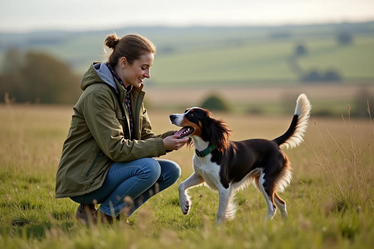 Femme en train de jouer avec un springer anglais dans une prairie verdoyante à la campagne