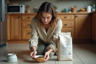 Femme lisant attentivement les ingrédients sur un sac de croquettes pour chien dans une cuisine moderne