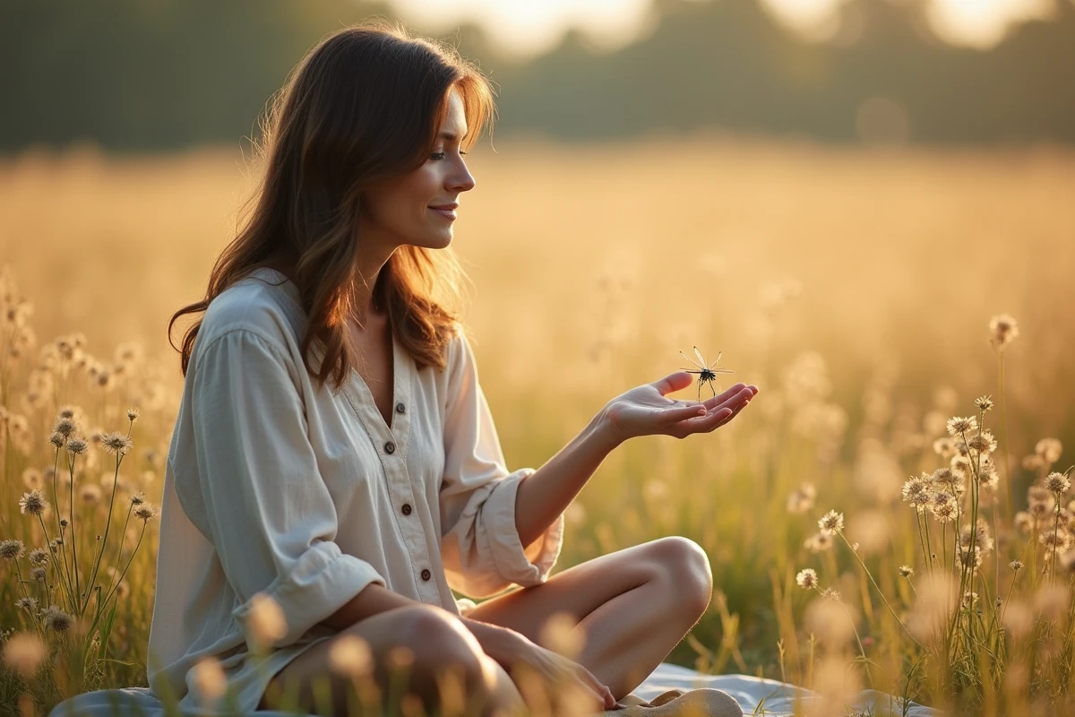 Femme contemplative tenant une libellule dans sa main ouverte dans un champ de fleurs sauvages, évoquant un message angélique et spirituel