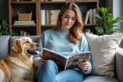 Femme lisant un magazine d'animaux dans un salon chaleureux