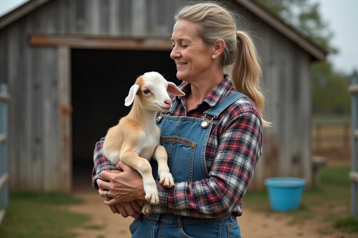 Femme en salopette denim tenant une jeune chèvre dans ses bras