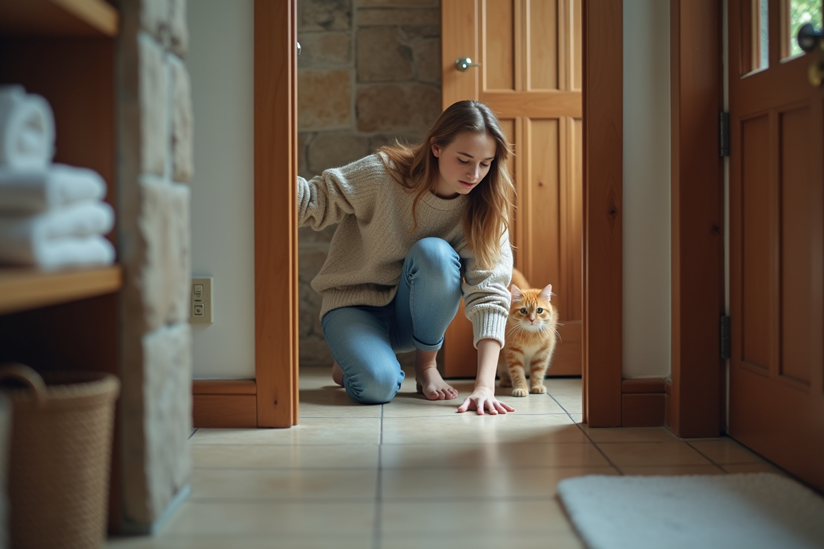 Femme nettoyant une flaque d
