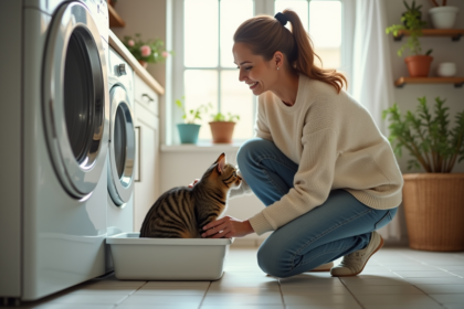 Femme nettoyant la litière de son chat dans une pièce lumineuse