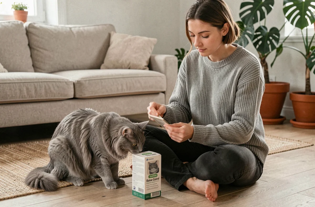 Femme lisant la notice d'un vermifuge pour chat à la maison avec son chat gris