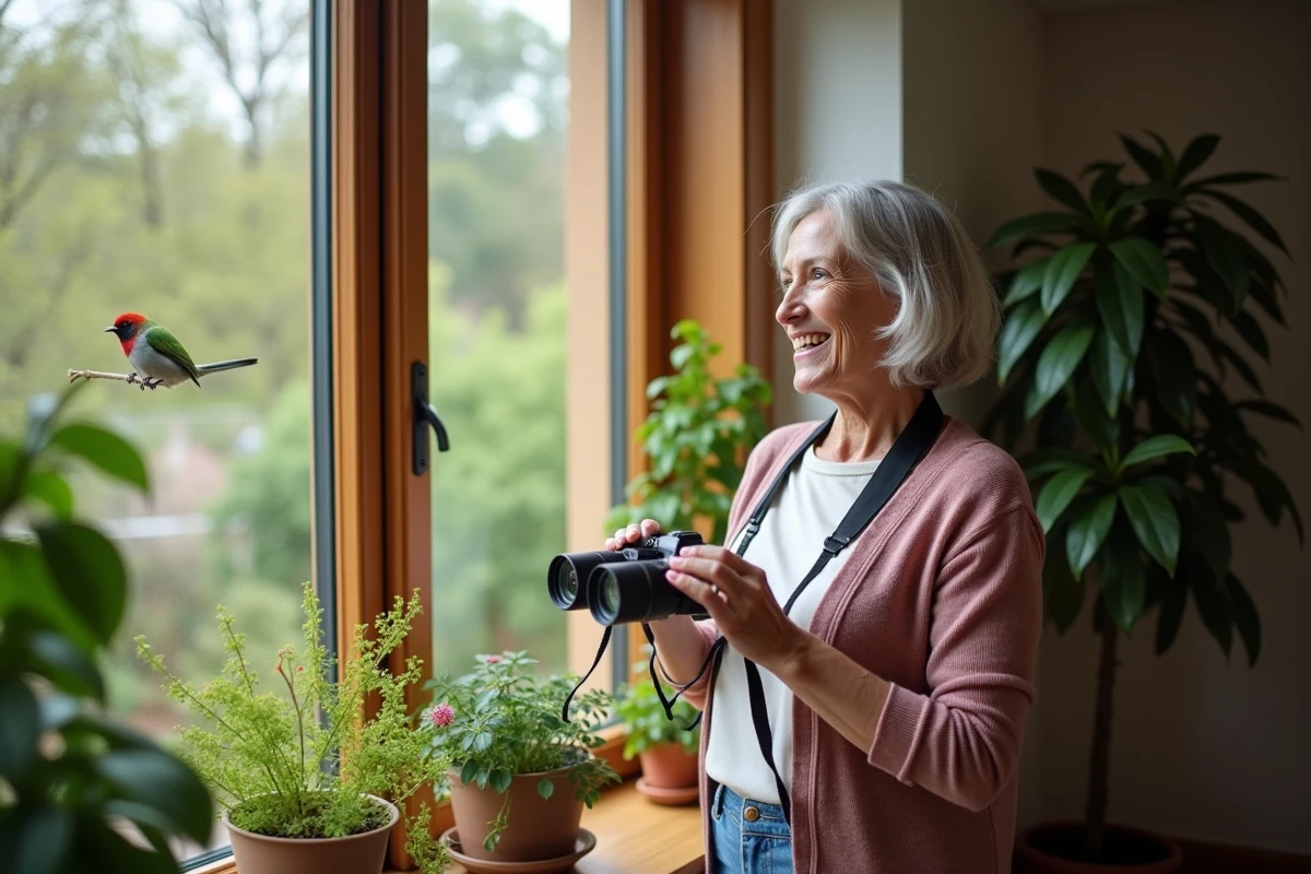 Femme regardant un oiseau vert dans son jardin avec des jumelles