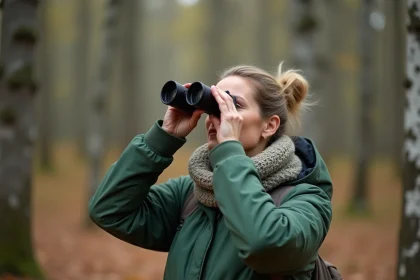 Femme observant les oiseaux avec des jumelles d'entrée de gamme en lisière de forêt