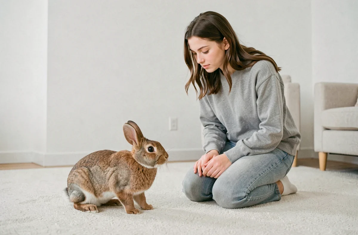 Femme observant son lapin domestique brun qui tape du pied sur un tapis dans un appartement
