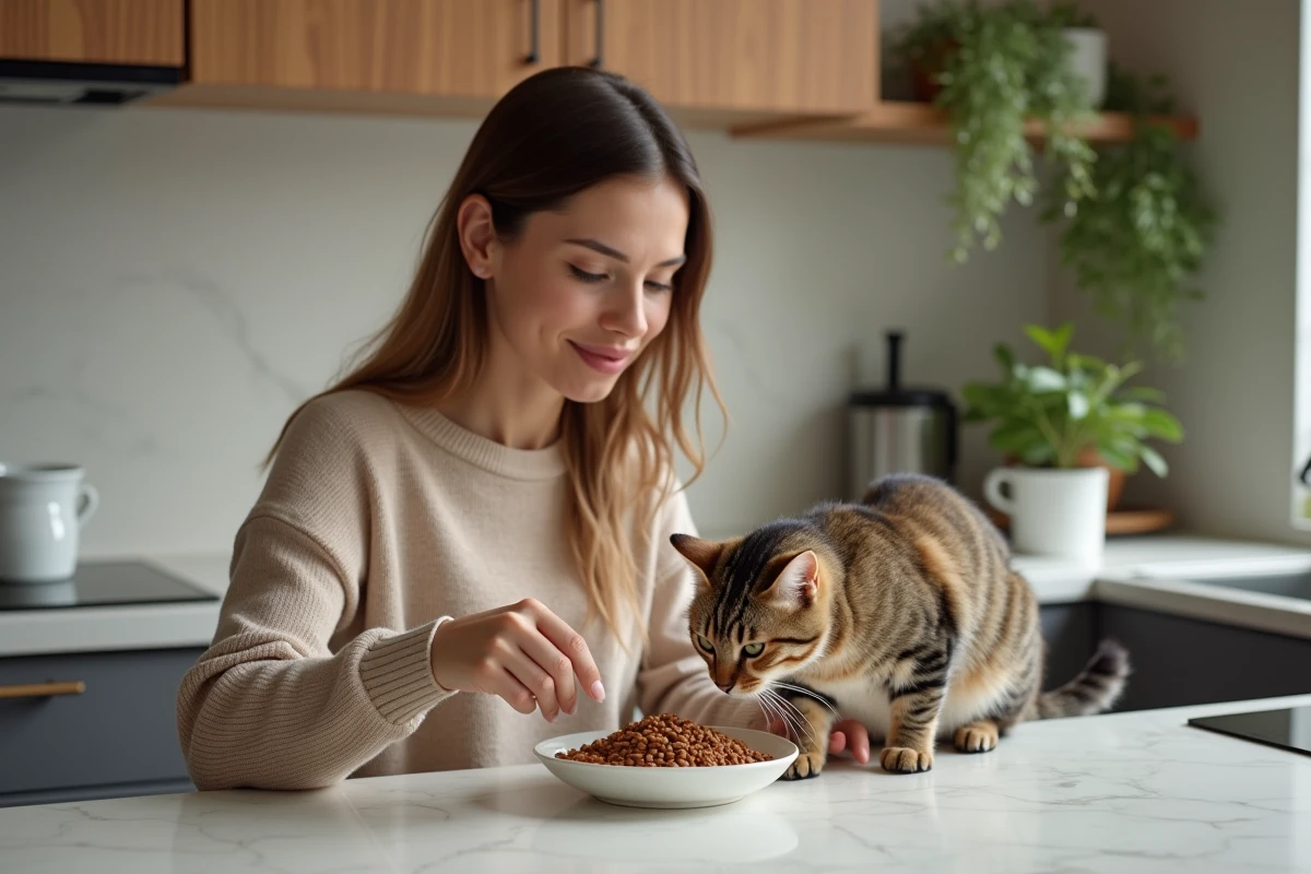 Jeune femme offrant de la nourriture à un chat dans la cuisine