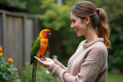 Femme souriante tenant un kakariki rouge dans un jardin
