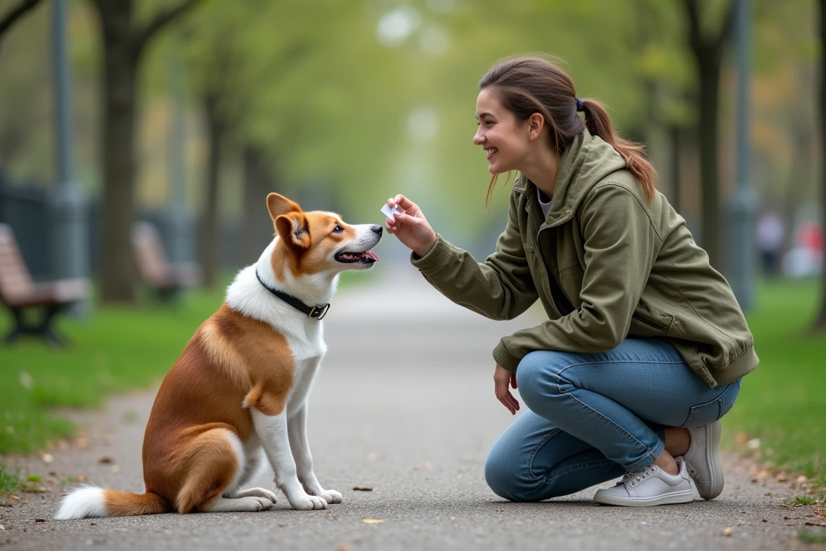 Jeune femme dans un parc urbain tenant une médaille de prénom devant un border collie curieux