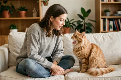 Femme parlant à son chat roux qui miaule en réponse sur un canapé beige