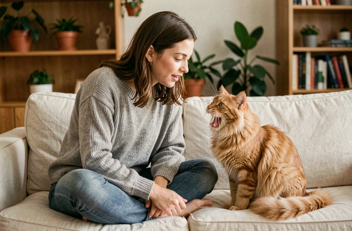 Femme parlant à son chat roux qui miaule en réponse sur un canapé beige