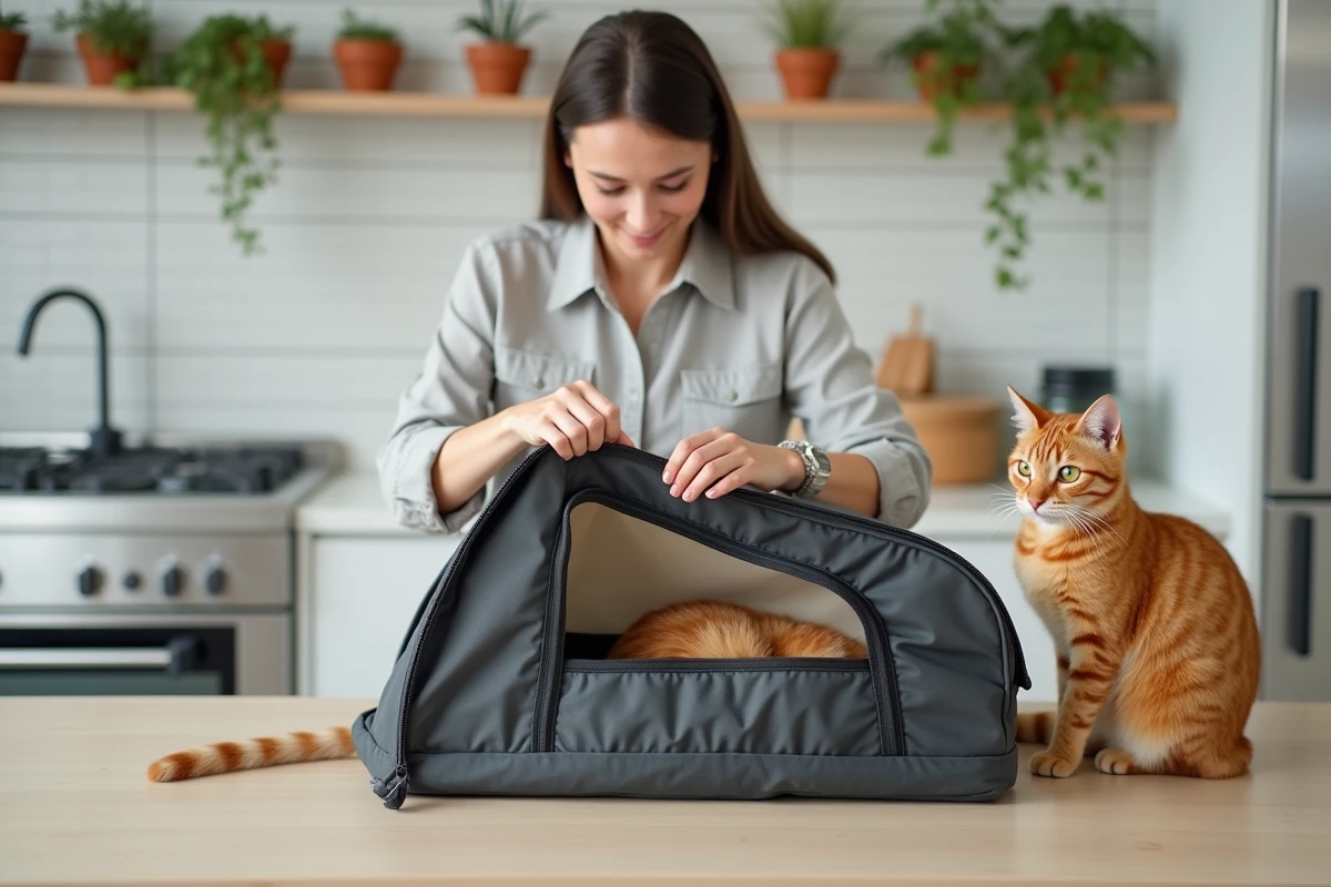 Femme pliant un sac de transport pour chat sur un plan de travail de cuisine, démontrant le rangement compact