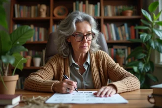 Femme d'âge moyen lisant un quiz animal totem dans un bureau chaleureux