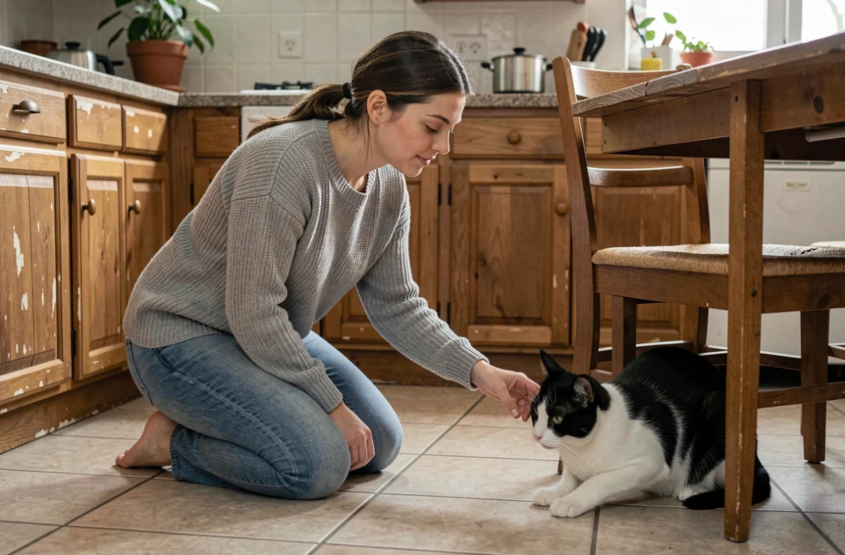 Femme agenouillée tendant la main vers un chat noir et blanc caché sous une chaise de cuisine, tentant de le rassurer