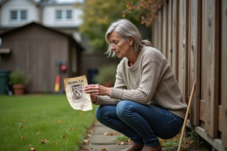 Femme en jean cherche un chat perdu dans son jardin