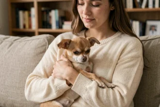 Femme réconfortant un petit chien qui tremble sur un canapé en lin beige