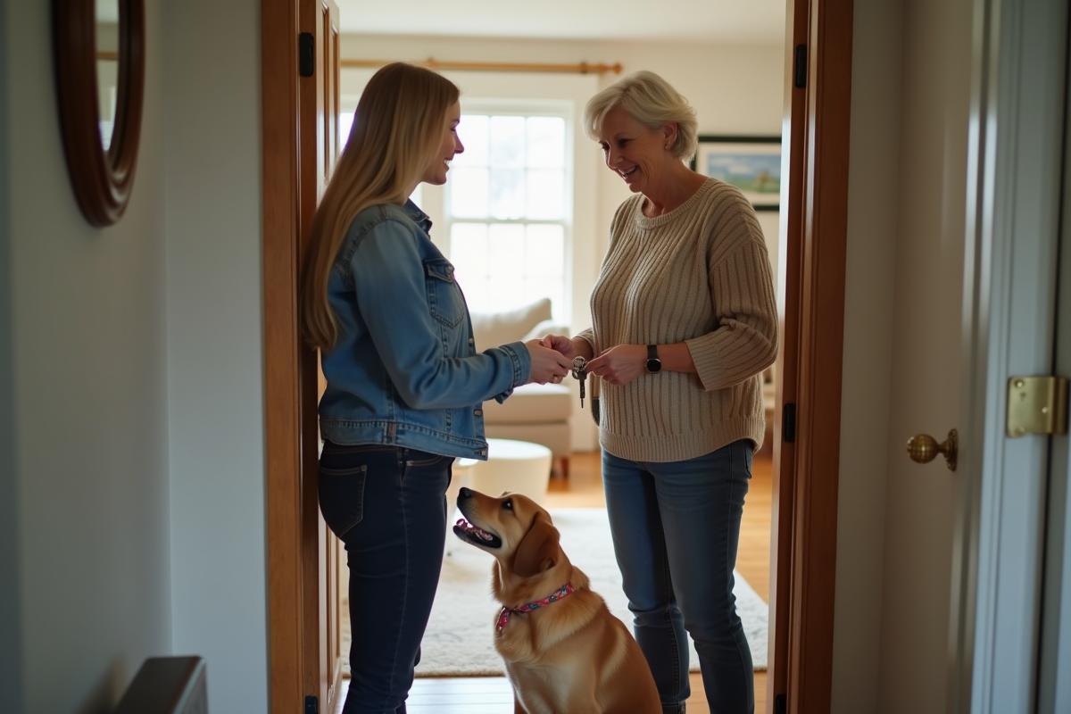 Femme remettant des clés à un pet sitter devant une maison