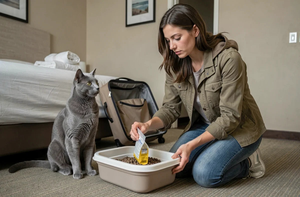 Femme qui remplit une litière de voyage en silicone pour son chat gris dans une chambre d'hôtel, avec une valise ouverte en arrière-plan