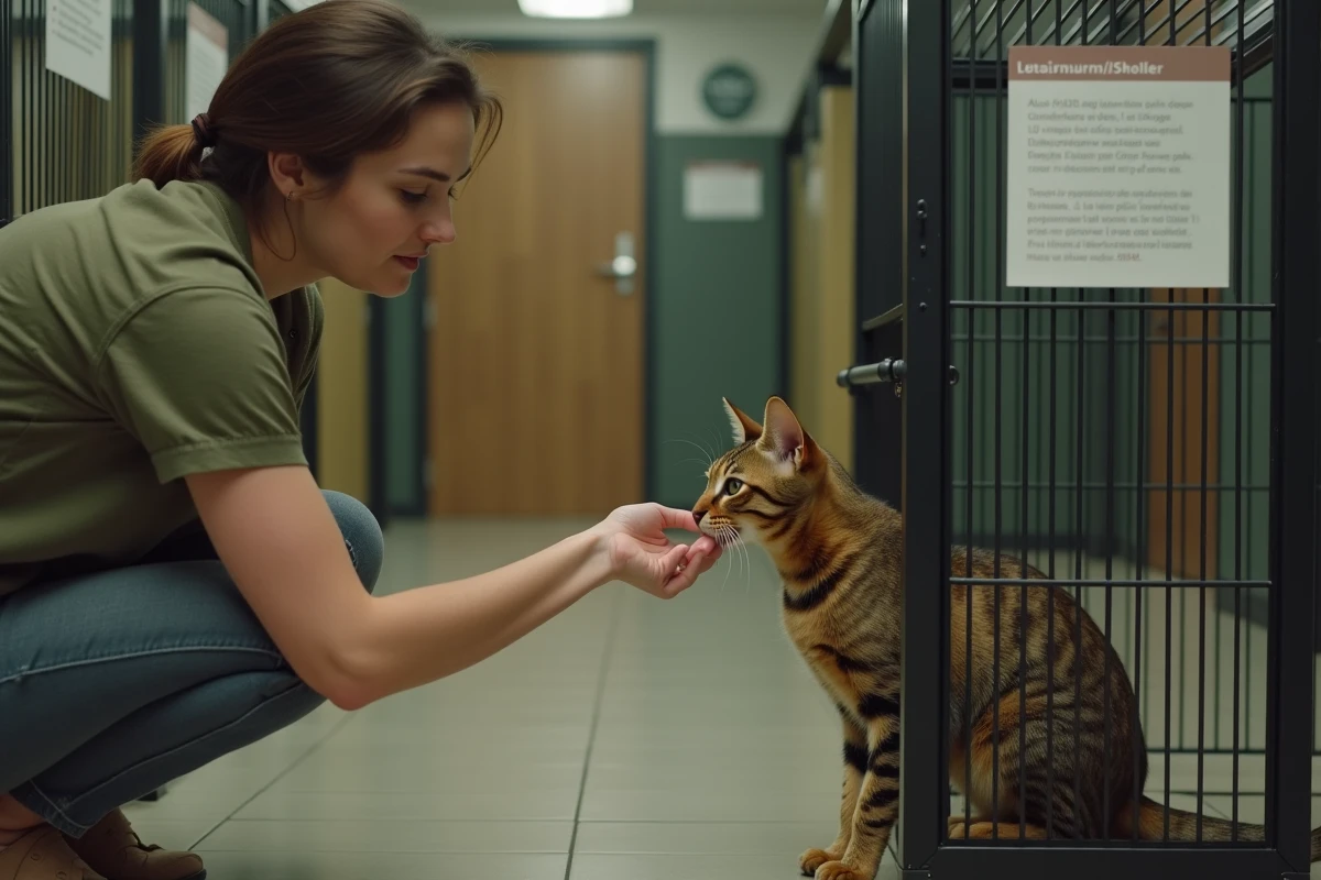Femme rencontrant un chat égyptien Mau dans un enclos de refuge SPA en France lors d'une visite d'adoption