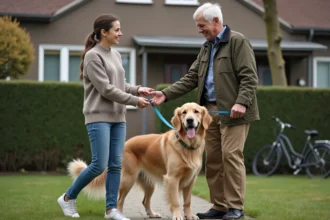 Jeune femme souriante confie son chien à un dog-sitter devant une maison