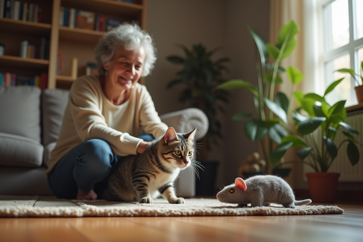 Femme agee observe son chat jouant avec une souris en peluche