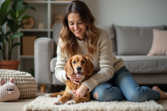 Femme souriante avec chien dans un salon chaleureux
