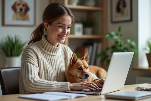 Femme souriante dans un bureau avec son chien et un magazine animal