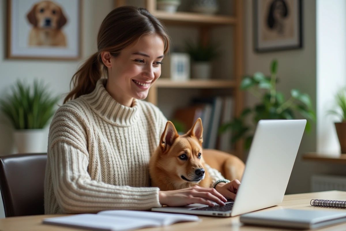 Femme souriante dans un bureau avec son chien et un magazine animal