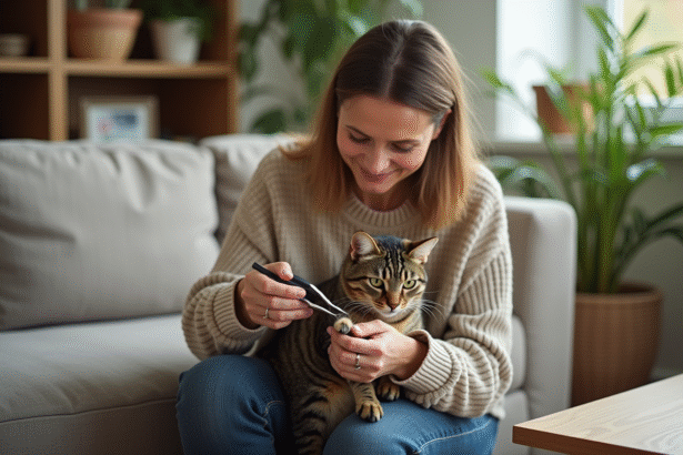 Femme en salon trimmant les griffes d'un chat domestique