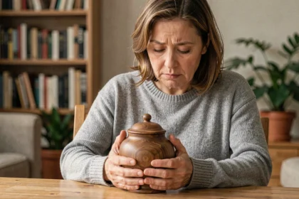 Femme tenant une urne funéraire en bois après la crémation de son chat, dans un salon chaleureux