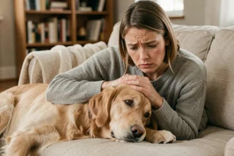 Femme vérifiant si son chien golden retriever a de la fièvre en touchant son museau sec