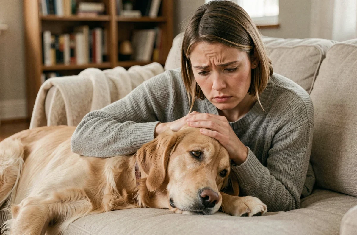 Femme vérifiant si son chien golden retriever a de la fièvre en touchant son museau sec