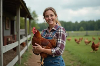 Fermière avec poulet Plymouth Rock en extérieur