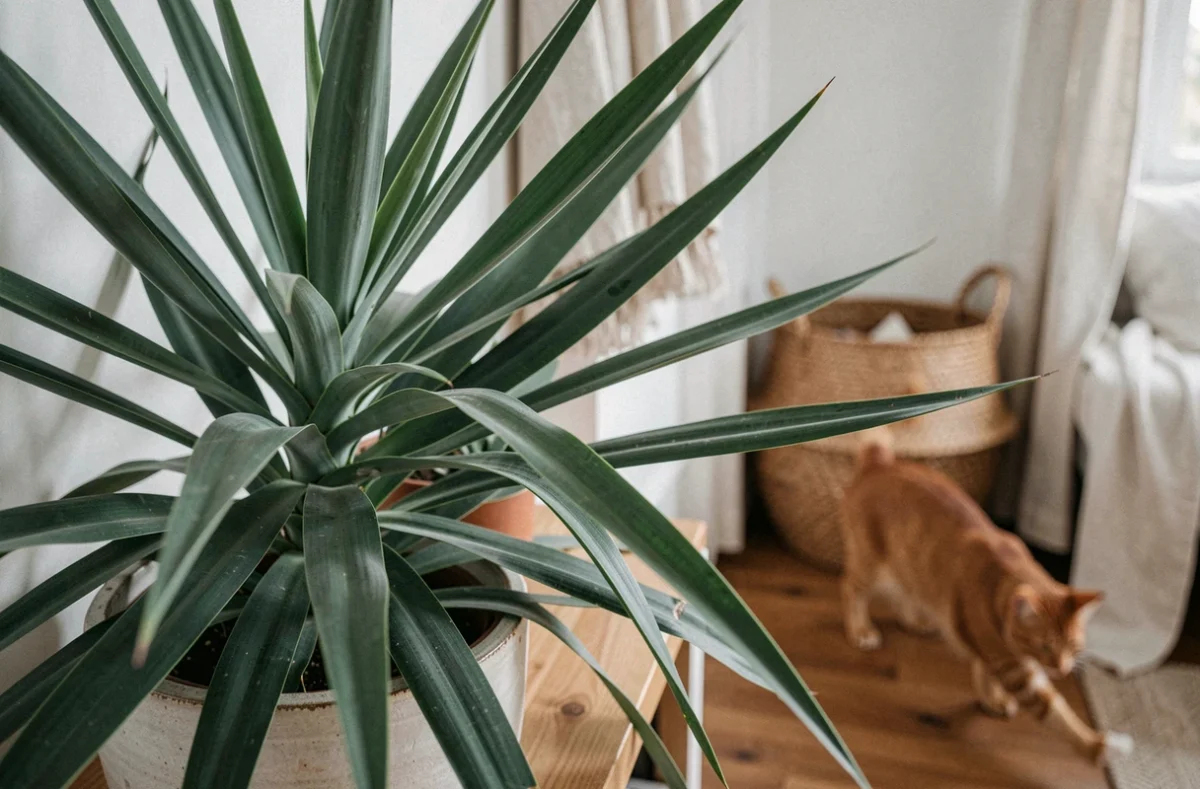 Feuilles pointues d'un yucca en pot avec un chat en arrière-plan flou