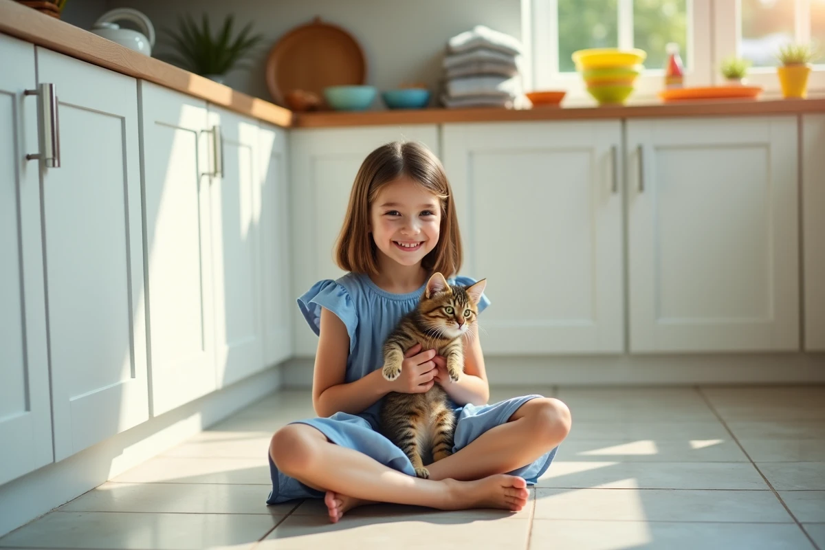 Fille de six ans avec chaton dans une cuisine lumineuse