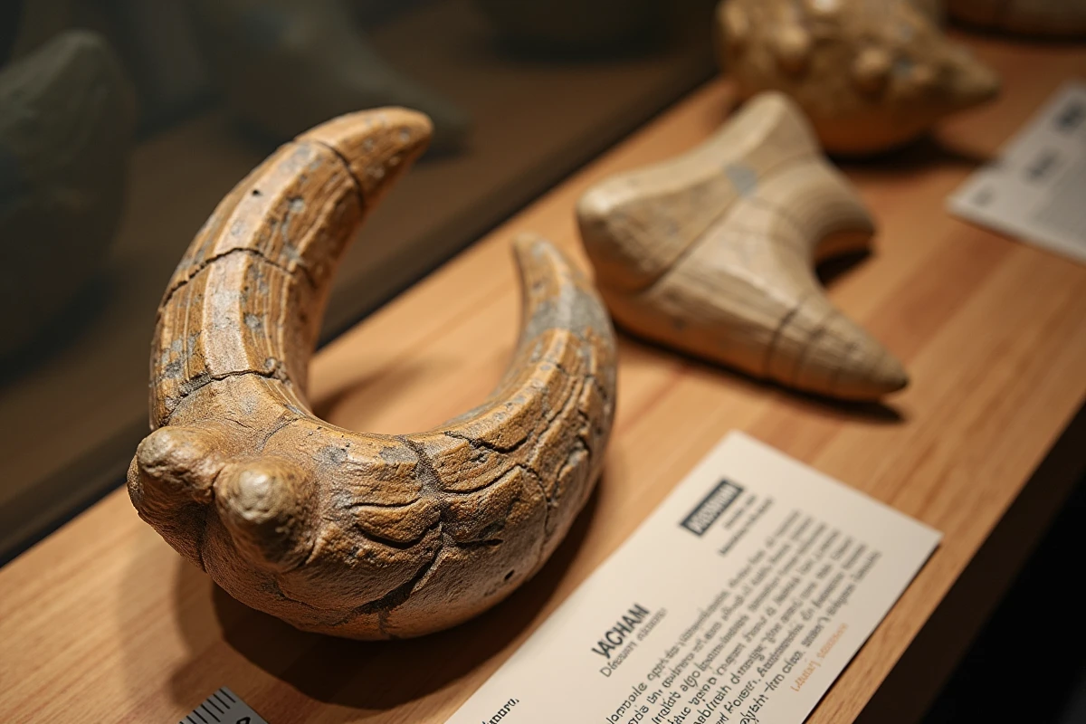 Gros plan sur des répliques de dents et griffes fossiles de dinosaures carnivores