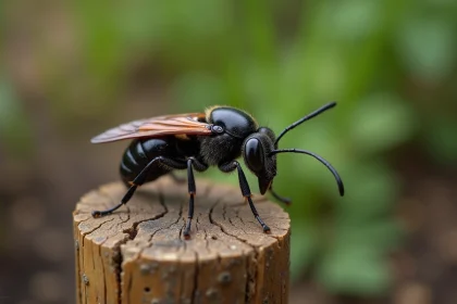 Frelon noir posé sur un poteau en bois dans un jardin, vue macro montrant les détails de son exosquelette brillant