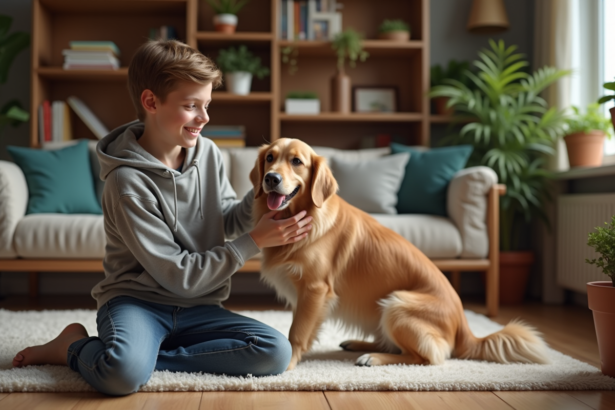 Jeune garçon souriant joue avec un chien doré dans un salon chaleureux