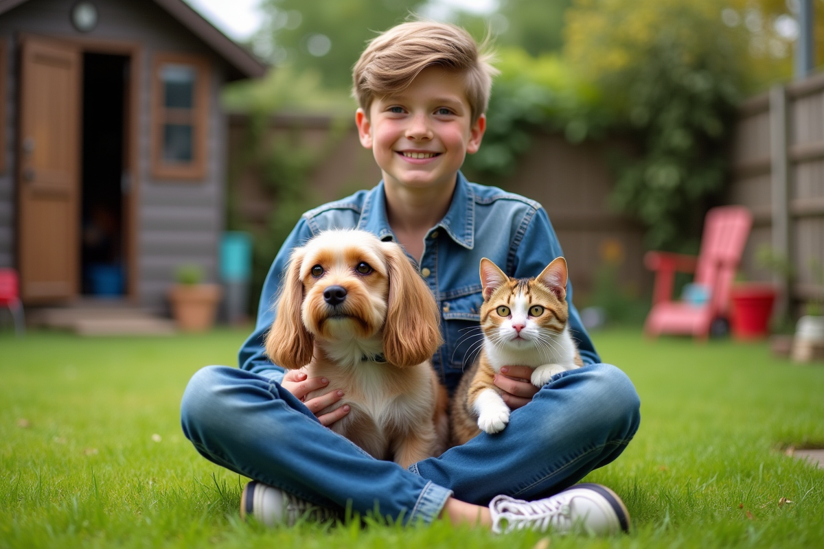 Adolescent avec chien et chat dans le jardin