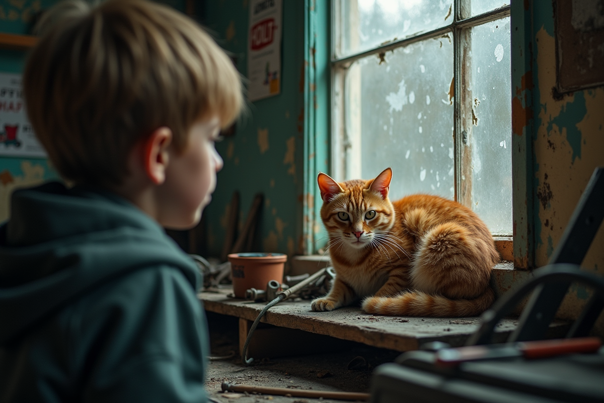 Jeune garçon regardant un chat dans un atelier ancien