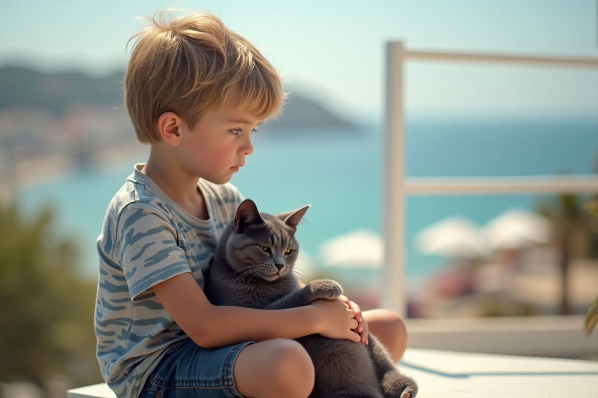 Garçon assis avec son chat sur un balcon ensoleille