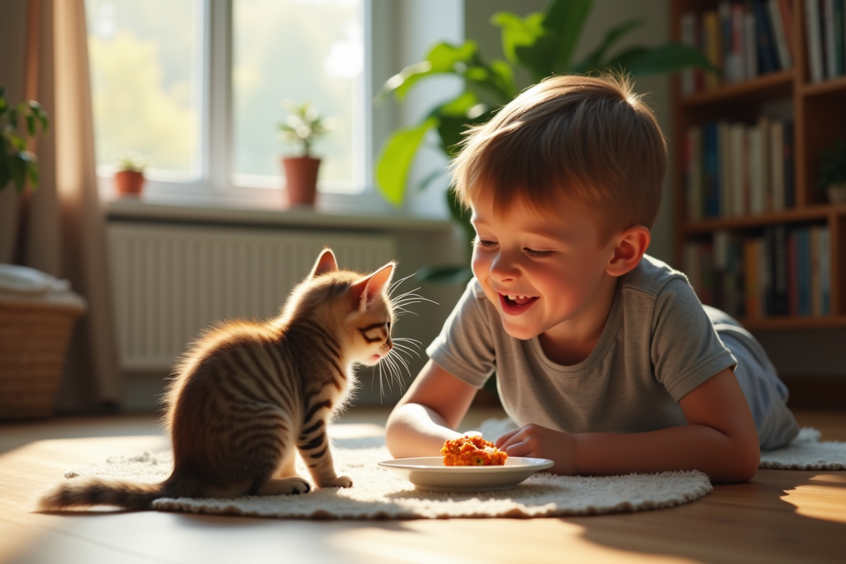 Jeune garçon regardant un chaton manger près d