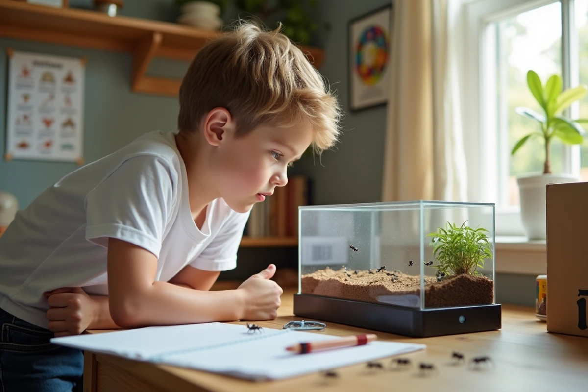 Garçon curieux observe une colonie de fourmis dans un habitat sur son bureau