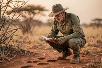 Garde forestier anti-braconnage examinant des empreintes d'animaux rares dans la savane africaine