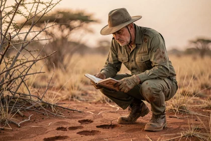 Garde forestier anti-braconnage examinant des empreintes d'animaux rares dans la savane africaine