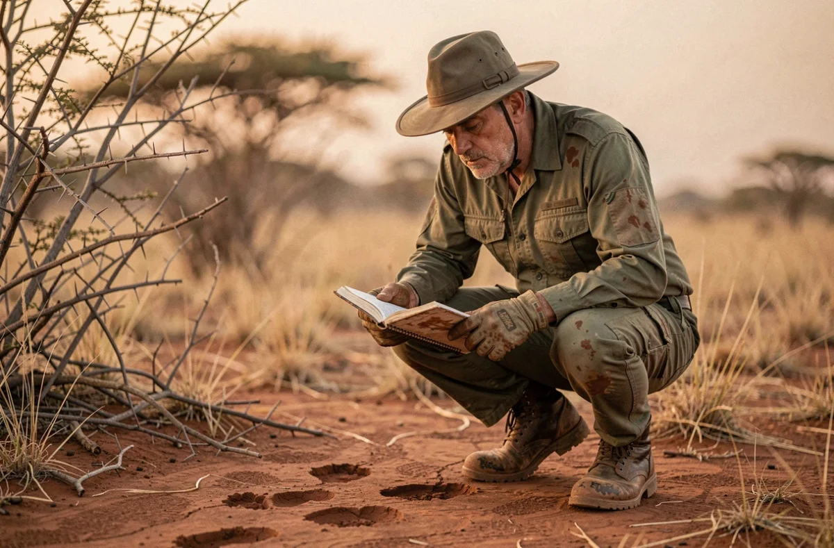 Garde forestier anti-braconnage examinant des empreintes d'animaux rares dans la savane africaine
