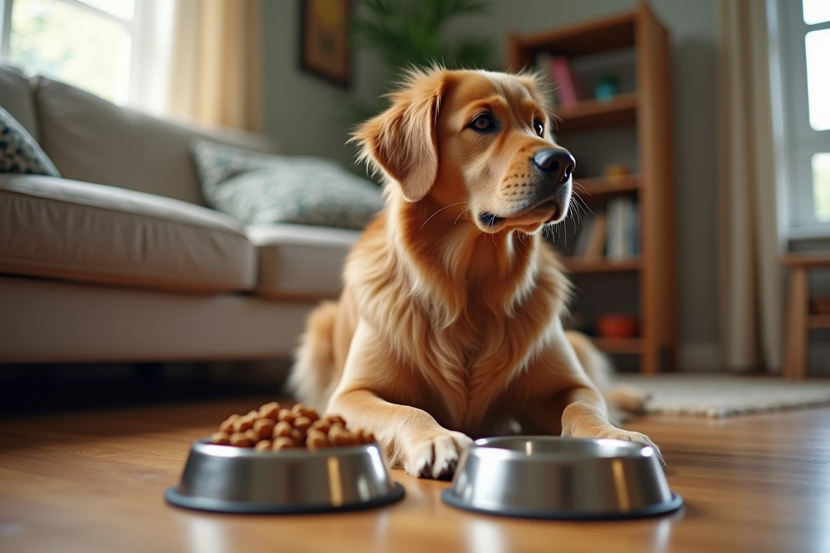 Golden retriever assis devant deux gamelles de croquettes pour chien sur un parquet en bois